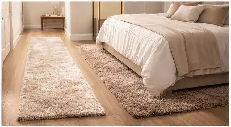 Plush faux rabbit fur runner rug in a bedroom showing long-term daily use