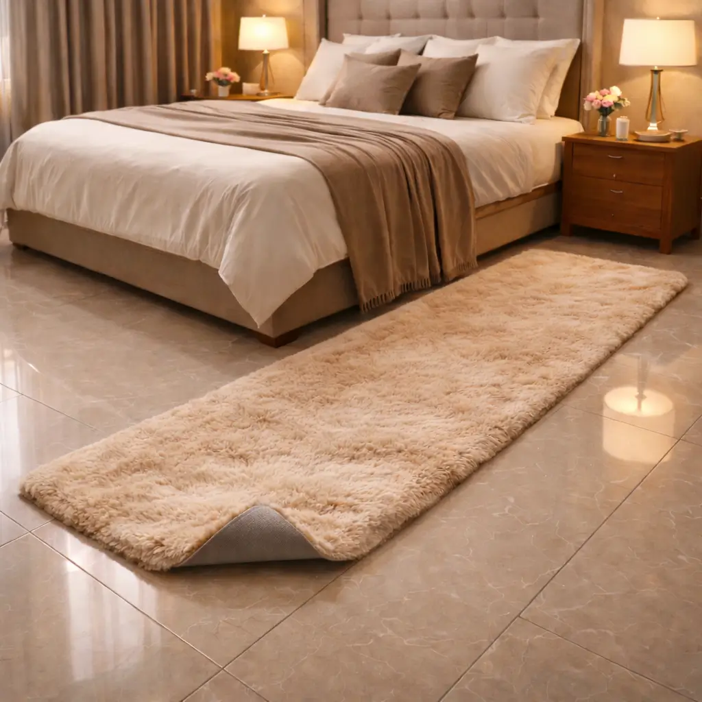 Runner rug placed beside bed in modern Indian bedroom