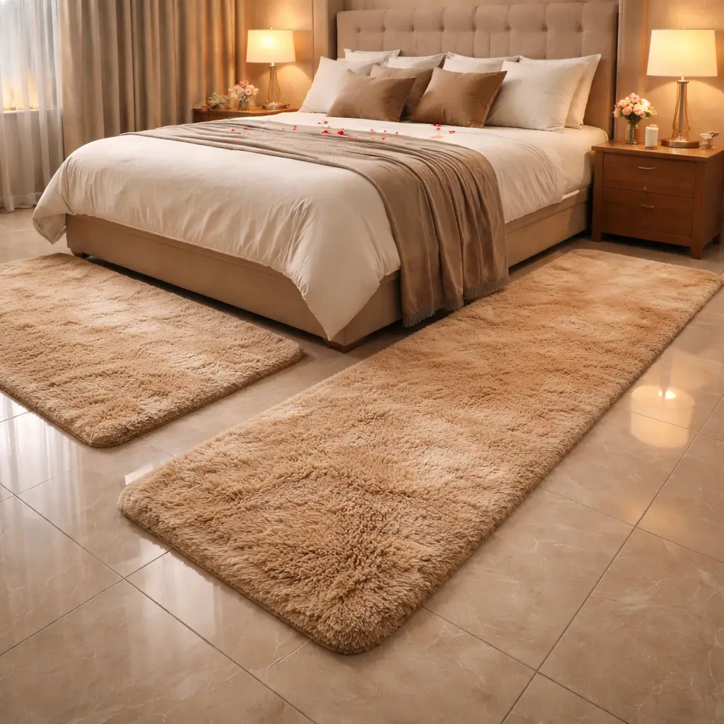 Light colored runner rug in small bedroom