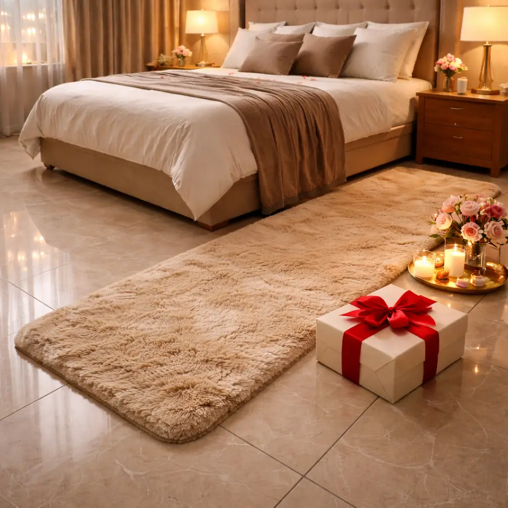 Plush faux rabbit fur runner rug placed beside a bed for daily bedroom use