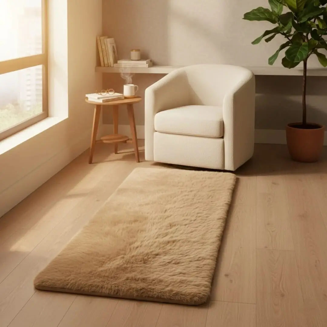 Faux Rabbit Fur Runner Rug by Saffron Leo (55x140 cm) – Plush Bedside Runner Rug for Bedroom | Soft Floor Carpet — Camel — 55 × 140 cm 4